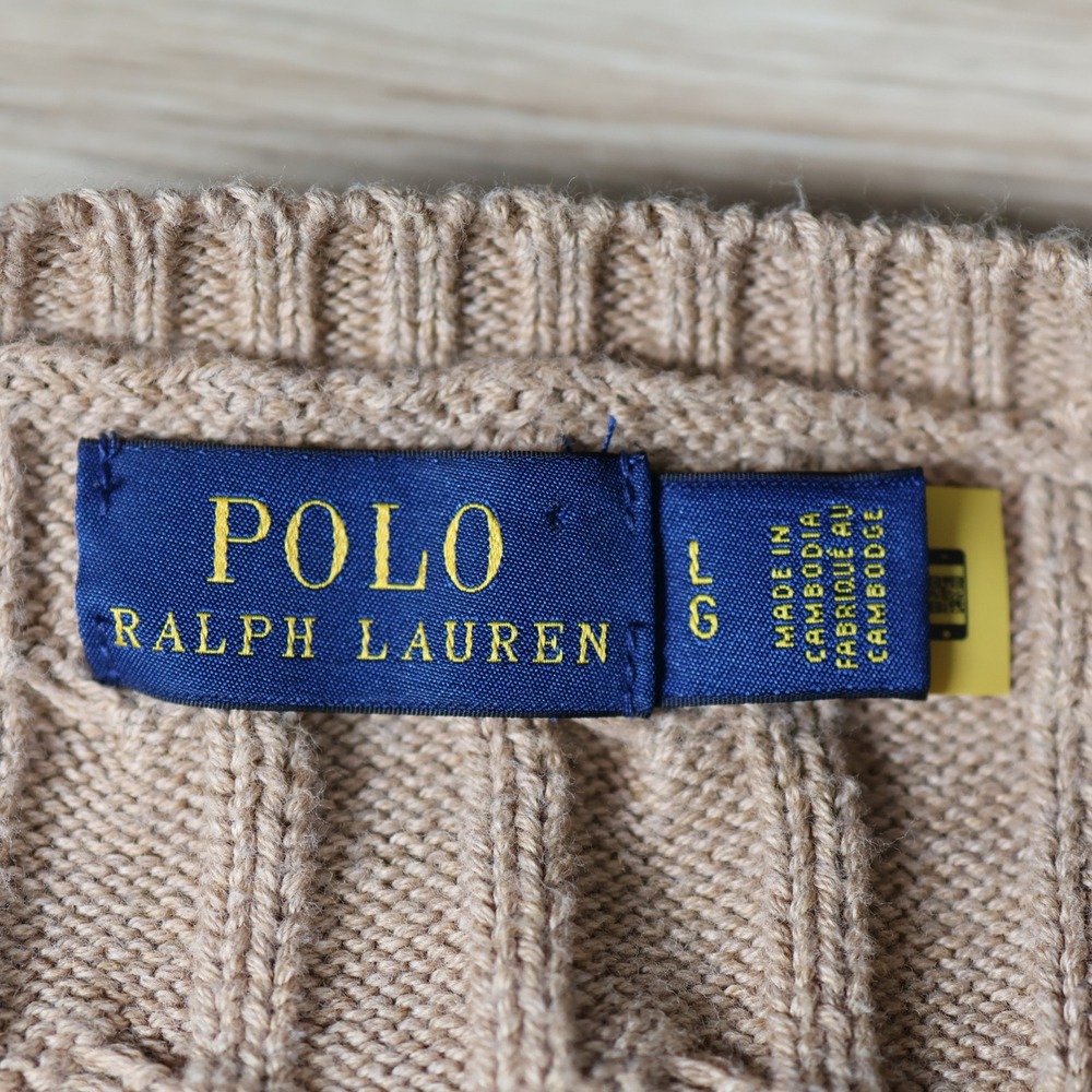 Polo Ralph Lauren Sweater Womens Large Beige Tan Cable Knit Cotton Preppy Casual - Picture 6 of 8